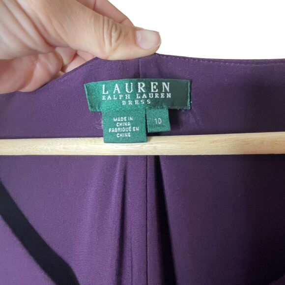 Lauren Ralph Lauren Purple Sheath Dress Sz 10 Faux Wrap V-Neck Midi 3/4 Sleeve - Picture 7 of 12